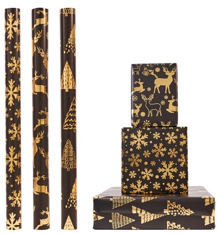 Schwarz-Gold Weihnachts-Geschenkpapier-Set, 3 Rollen 43 cm x 3 m Weihnachts-Geschenkpapier, metallisches Geschenkpapier mit Aufklebern für Weihnachten, Party, festliche Dekorationen