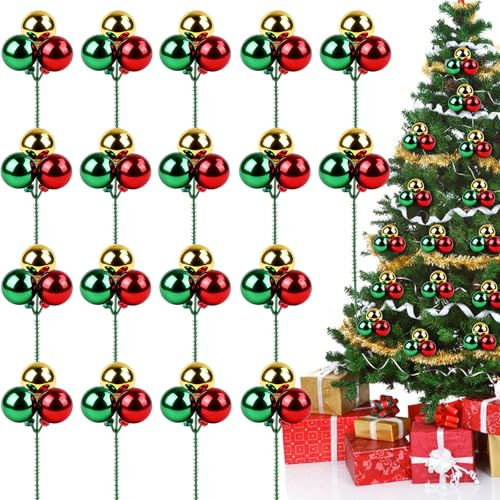 YIYA 18 Piezas Ornamentos de Navidad 3 Colores Rojo Verde Oro con Tallos de Plástico Picks a Prueba de Rompimiento para Árbol de Navidad Corona Jarrón Interior y Jardín al Aire Libre Decora Festiva