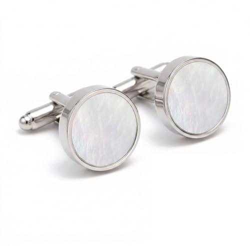 IUSOT Manschettenknöpfe Herren Perlmutt Rund - Elegante Muschel Cufflinks Silber für Französische Manschetten Hemd Hochzeit Business - Handverlesene Einlage 16 mm Poliert 1 Paar