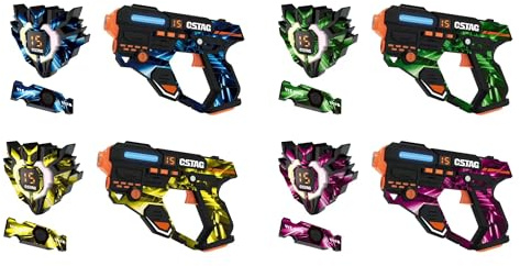 Laser Tag Ricaricabile per 4 Giocatori con Sensori a 360° e Infrarossi 2,4 GHz, Pistole Laser con Display Dati in Tempo Reale, Gioco di Tiro di Squadra per Bambini da 6 Anni in su, Ragazzi e Famiglie