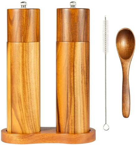 SUNNYNEST Wooden Salt Pepper Grinder Set with Base Spoon Cleaning Brush Adjustable Coarseness Refillable Manual Mills for Home Kitchen