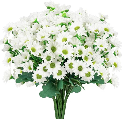 IMIYOKU Artificial Flowers, 10 Bundles White Faux Silk Daisy Flowers for Outdoor and Indoor, UV Resistant Fake Artificial Flower for Vase, Graves Garden Hanging Planter Home Outside Decor