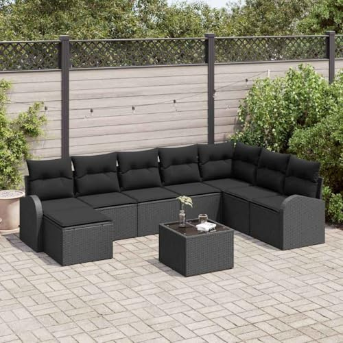 Bucmath Garten Loungeset Schwarz Poly-Rattan, 9-teiliges Sofa Set mit Kissen, modular, wetterfest, UV-beständig, mit Stauraum für Terrasse & Balkon