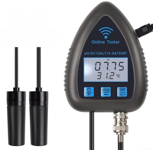LatoYard Probador de calidad del agua WiFi 5 en 1 para Tuya, monitor de temperatura de salinidad de pH con alertas de aplicación inteligente para acuarios e hidropónicos