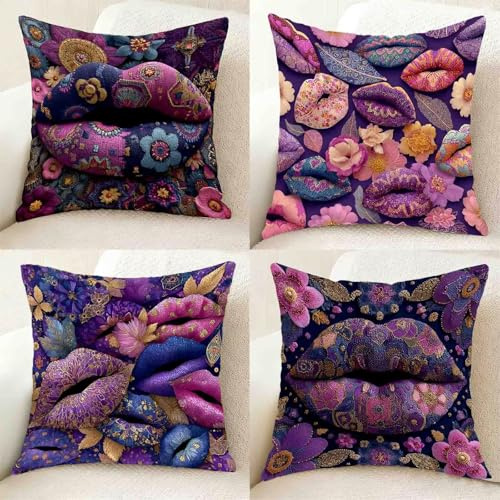 Lila Soffkuddar Soffa Kuddar 65x65 cm Set om 4, Mjukt Kuddfodral Läppkudde Dubbelsidigt Tryck Osynlig Dragkedja För Hemdekorationer, Present Kvinnor -bby250115M