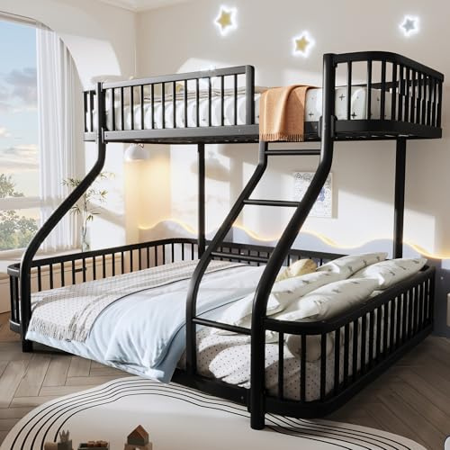 Yrxin Letto a castello 90 x 200 e 140 x 200 cm, telaio in ferro, letto in metallo con protezione anti-caduta e scala di stoccaggio, per bambini, ragazzi e adulti, senza materasso (nero, 140 x 200 cm)