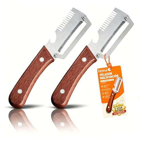 Pelador de verduras multifunción 5 en 1 para cocina con hoja de acero inoxidable ultraafilada y mango de madera ergonómico: pelar patatas, zanahorias y abrir botellas de vino sin esfuerzo (2PCS)