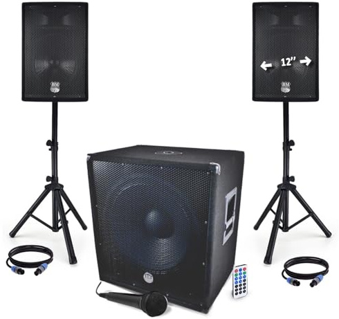 Equipo de sonorización USB/BT 2400 W – Sub de 45,72 cm (18 pulgadas) + 2 altavoces de 30,48 cm (12 pulgadas) + patas + cable + tel. - BMS1812-USB-BT