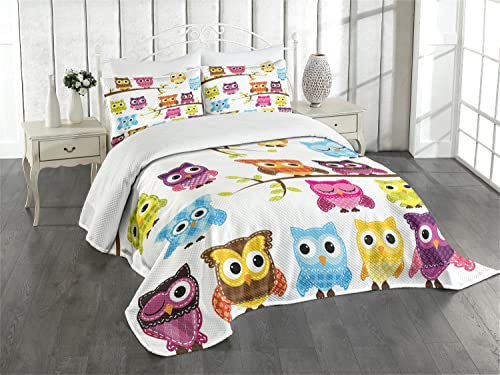 ABAKUHAUS Kindergarten Tagesdecke Set, Patchwork-Art-Eulen, Set mit Kissenbezug Feste Farben, für Einzelbetten 170 x 220 cm, Grau Schwarz Weiß
