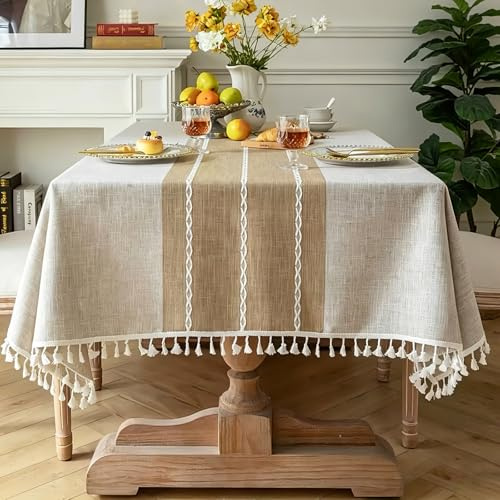 Pahajim Mantel Antimanchas Rectangular Impermeable Lino y Algodón Manteles Elegante con Borlas para Exterior,Cocina Decoracion Mesa Comedor(Marrón,140 x 220 cm)