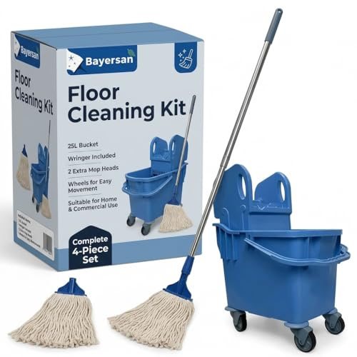 Complete 25l Mop and Bucket Set by Bayersan- Full Floor Cleaning Bucket & Cleaning Bundle Kit For Household & Commercial Use - 3 X Squeeze Mop Heads (Blue)