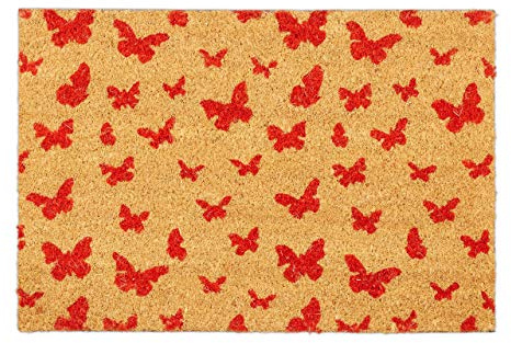 Relaxdays Butterfly Pattern Welcome Doormat Coir, 40 x 60 cm, Door Mat Inside & Outside, Non-Slip Shoe Wiper, Brown/Red
