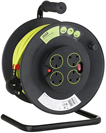 Jegs Four Socket Open Cable Reel Extension Lead with Winding Handle, Thermal Cut Out and Power Switch, Extra Long 50 Metres High Visibility Green Cable