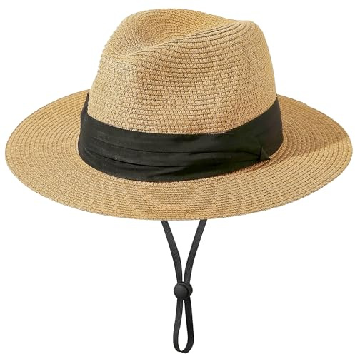IZUS Kids Straw-Sun-Hat Boys Panama-Beach-Hat Girls Wide-Brim Sun Protection Fedora-Straw-Hat for 5-9T Summer-Outdoor Khaki