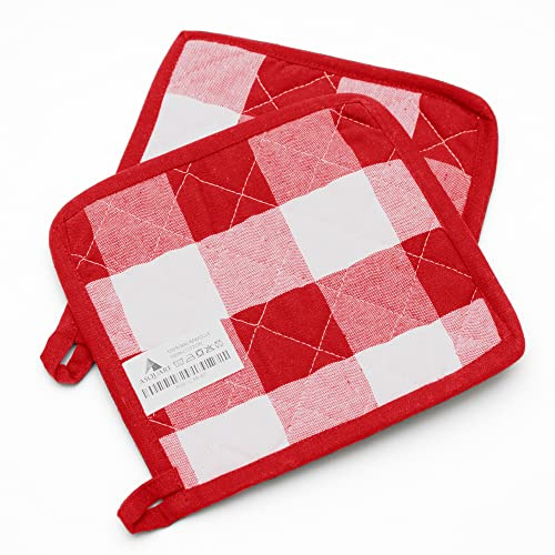 Topflappen Set - 2X Praktische Topflappen Karo - Ökologische Topf Lappen aus 100% Baumwolle - Kitchen Pot Holders - Kochlappen in Rot Weiß 20x20cm