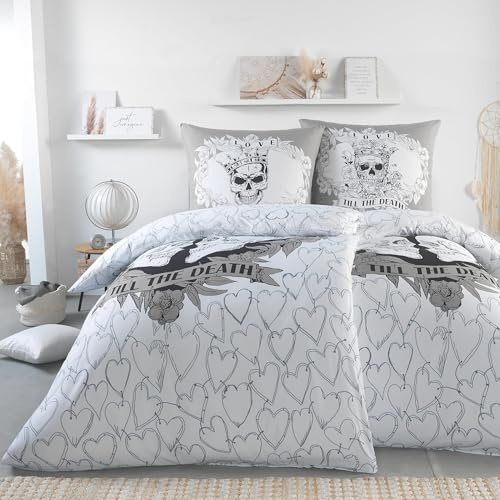 BaSaTex Biancheria da letto in microfibra con motivo reversibile, 2 copripiumini da 135 x 200 cm, 2 federe da 80 x 80 cm, in microfibra, set da 4 pezzi, per coppie, motivo: Till The Death Bright