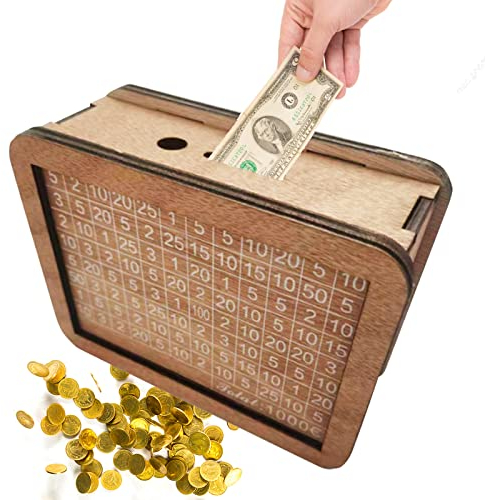 Hucha de Madera, 17 x 12,5 x 7 cm Hucha con Objetivo de Depósito 2 Agujero para Billetes y Monedas Regalos de Cumpleaños Creativos y Prácticos para Niños Adolescentes Adultos