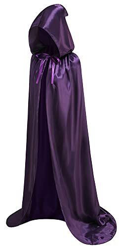 HAPNBCELE Cape à capuche en satin pour homme et femme, costume de sorcière, vampire pour costume médiéval, Renaissance, Halloween, cosplay, violet foncé