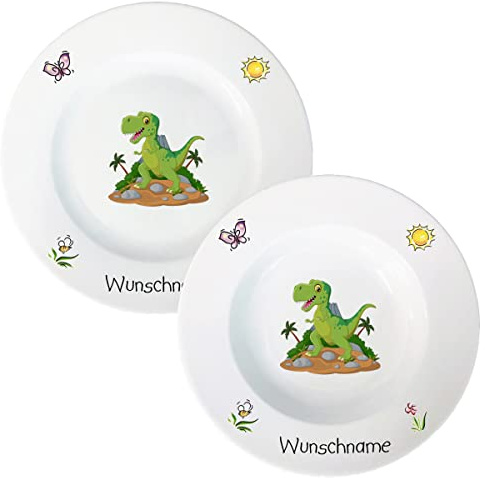 Speiseservice 2-tlg. Kinder Geschirr Porzellan Dinosaurier Dino Speiseteller & Suppenteller Set personalisierbar mit Wunschname Name Kindergeschirr mit Namen personalisiert