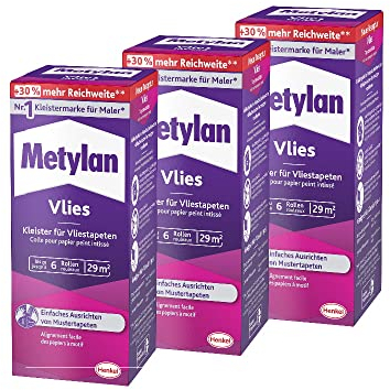 Metylan Vlies, Tapetenkleister für Vliestapeten mit glatter oder strukturierter Rückseite, einfach zu verwendender Tapetenkleister, Kleister mit hoher Ergiebigkeit, 3x180g