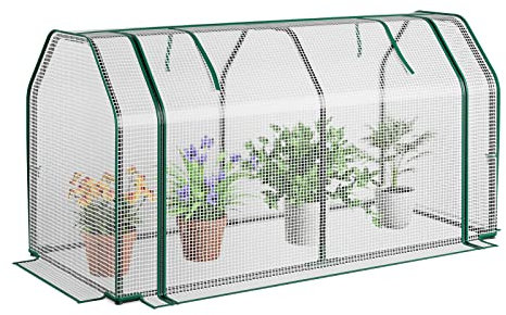 TANGZON Mini Tunnel Greenhouse, Small Garden Green House with Zippered Roll-up Door & PE Cover, Portable Grow House for Plants Flowers Herbs Vegetables (White, 118 x 54 x 61cm)