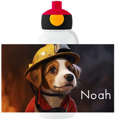 Mepal Personalisierte Trinkflasche mit Namen - Wasserflasche für Kinder Pop-up Campus - Feuerwehr - Auslaufsichere Flasche für Schule - BPA-frei & Spülmaschinenfest - 400 ml - Hund