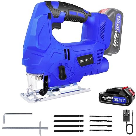 Cordless Jigsaw with Battery and Charger, 3000SPM Cutting in Metal Plastic and Wood, Max Cutting Depth 100MM, Four Cutting Modes, Built-in LED, Portable Power Tools for Work and Home Improvement