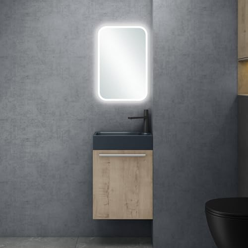 Sogood Petit Meuble sous Vasque Chêne Clair et Vasque Gris Noir Mat 46cm Ensemble de 3 Pièces Meuble de Salle de Bain avec Lavabo et Miroir LED Design Pisa