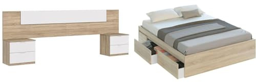 HABITMOBEL Cama con Cabezal y mesitas Noche, 4 Cajones Inferiores Acabado Roble Natural y Blanco
