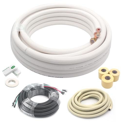 TAUROX 25FT Mini Split Line Set 1/4 & 1/2 O.D Copper Pipes Tubing and 3/8 White Thickened PE Insulation Coil, for Mini Split Air Conditioning or Heating Pump Equipment and HVAC with Flared Nuts.