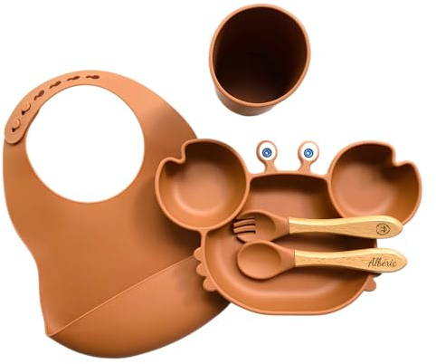 Ensemble repas ludique pour enfants : Pack repas personnalisé avec bavoir assorti et verre - Pratique, amusant et stylé, le tout en ocre !