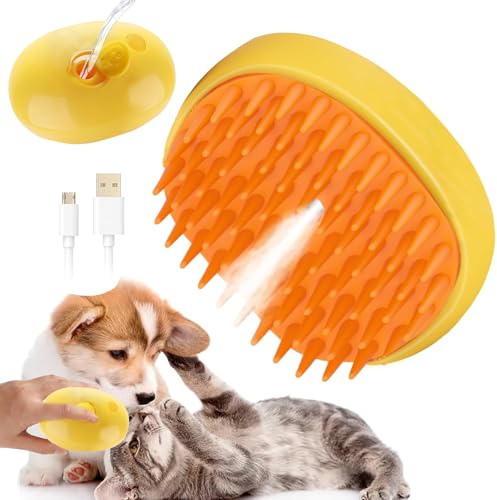 Cat Steamy Brush, 3-in-1 Katzen Bürste, Katzenbürste mit Dampf, Steamy Brush Katze Hundebürste, Dampfbürste Katze für Haustiere Haarpflege Multifunktionale Massagebürste (Gelb)