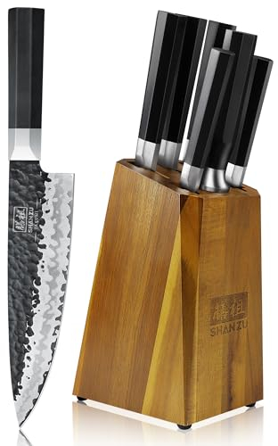 SHAN ZU 7-Teiliges Messerset mit Block, Handgeschmiedete 7-Schicht, Japanischer 9Cr18MoV Kohlenstoffreicher Edelstahl, Professionelle Kochmesser, Achteckiger G10 Griff