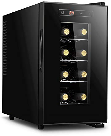 Electronic Wine Cooler, Freestanding Red & White Wine Fridge, 8 Bottle Small Home Bar Wine Cellar, Digital Control, Glass Door, Counter Top Mini Refrigerator,Horizontal
