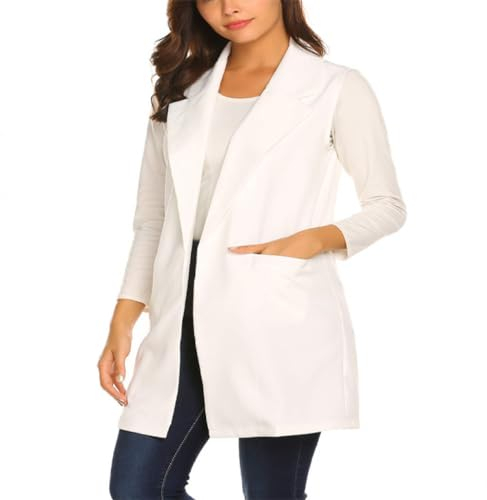 CuLtP Gilet sans Manches pour Femme, Gilet De Bureau À Col Cranté, Ouvert sur Le Devant, Veste Cardigan avec Poches, Veste Blazer Plumeau, Gilet Long, Blanc, XL