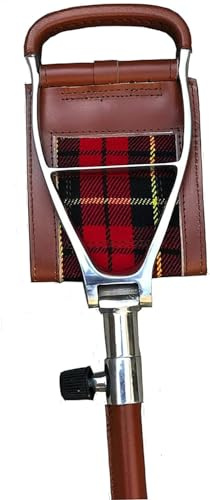 Generic Folding Camp Chair with Adjustable Walking Stick, Brown Leather, Scottish Tartan Insert