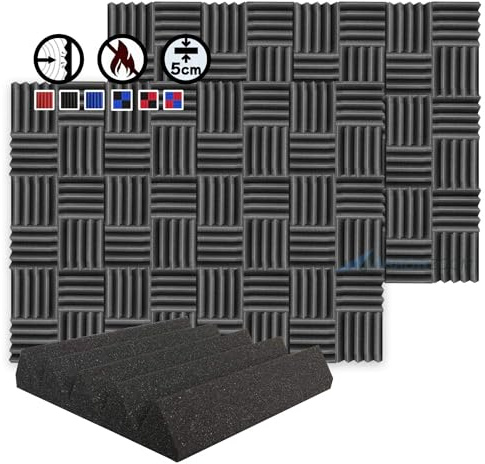 Arrowzoom Akustikpaneele Wedge 25x25x5cm Schwarz | Akustikschaum mit hoher Dichte fuer Echoreduktion, Schallabsorption, Studio, Gaming und Home Office
