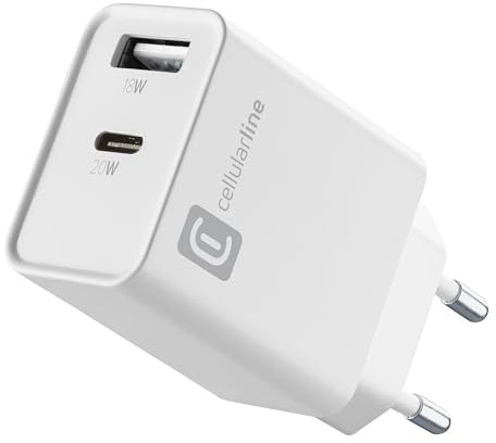 Cellularline - Multiport Charger PD 20W - Caricabatterie con due porte - Porta USB-C 20W PD - Porta USB-A 18W - Compatibili con tutti gli smartphone - Bianco