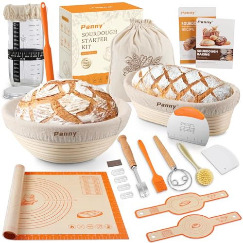 Panny Sourdough Starter Kit, Banneton Bread Proofing Basket with Glass Sour Dough Starter Jar, Sourdough Bread Baking Supplies, Making Tools, 9 Round & 10 Oval Baskets, Complete Gift for Men Women