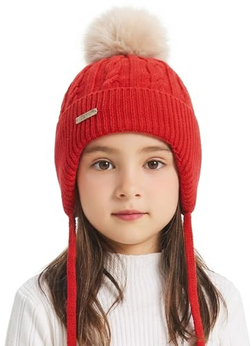 ZLYC Kinder Mädchen Strickmützen Wintermützen Baumwolle Pom Pom Beanie(Einfarbig Rot),Einheitsgröße