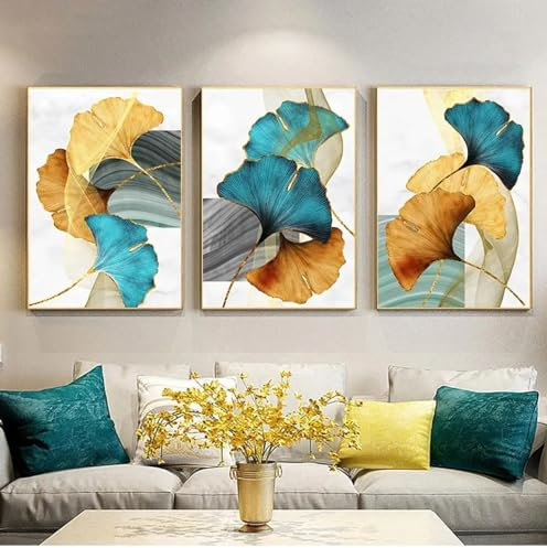 KDOVOXB Modernes Bild, Wohnzimmer-Dekoration, Blau, Grün, Gelb, Gold, Pflanzenblatt, abstrakt, nordisch, Leinwanddruck, Wandkunst, Gemälde, 35 x 50 cm, ohne Rahmen