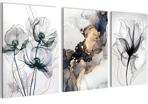 Novart Bilder Set Blumen Abstrakt - Kein Extra Rahmen benötigt - Wandbilder für Wohnzimmer Schlafzimmer Flur - 3 Teilig Deko Gold Grau Schwarz - N032536b