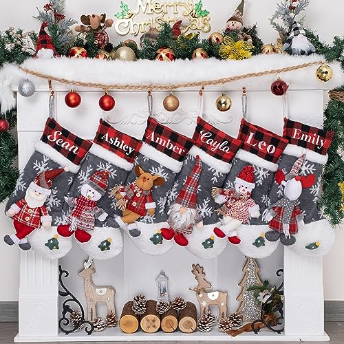 Personalised Christmas Stockings with Name, 1 Pack Extra Large Xmas Stocking with Embroidered lnitial Words, Rustic Farmhouse Fireplace Hanging Ornament Holiday Party Decoration, 3D Doll