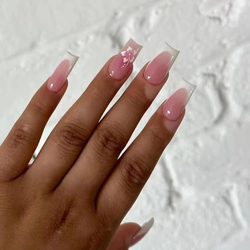 GlamRays 24 Stück Press on False Nails French Nails False Nails Mittel Quadrat Süß Blumen Nagelkunst Dekoration French Glänzend Maniküre Acryl Nägel für Frauen und Mädchen