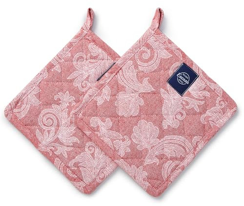 Encasa XO Pot Holders Heat Resistant | Cotton Microwave Hot Utensil Holders | 21 cm | Heat Resistant, Cushioned, With Hanging Loop | For Cooking & Baking | Set of 2 | Red