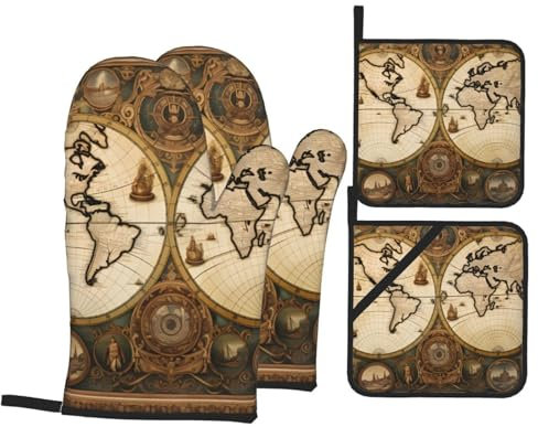 YYHWHJDE Bedruckte Ofenhandschuhe und Topflappen im Vintage-Stil, 4er-Set: dick und langlebig, verbrühungssicher und wärmeisolierend