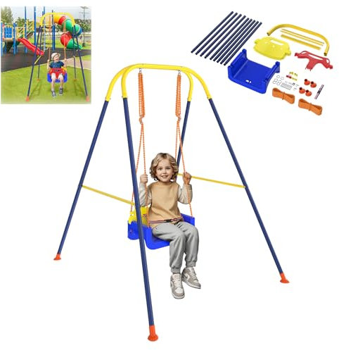 Froadp Babyschaukel 3 in 1 Set Multifunktionale Gartenschaukel mit Metallständer, Rückenlehne und Anschnallgurt belastbar bis 40kg Indoor Outdoor, Baby Schaukelsitz Rot & Gelb