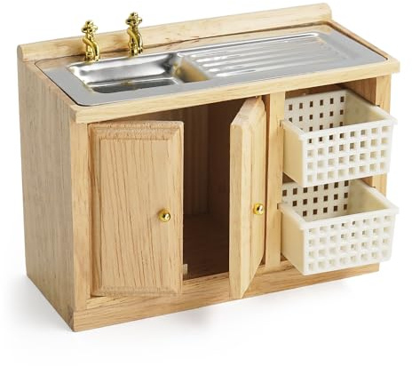 Odoria Puppenhaus Spüle Miniatur Schrank: 1/12 Maßstab Küchentheke mit Waschbecken Korb für Vintage Restaurant Badezimmer Speisekammer Antik Retro - Mini Küche Möbel Holz mit Schublade