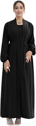 Zofocy Elegant Muslim Two-Piece Long Abaya - Belted Design, Side Pockets, Islamic Prayer Dress, Women Eid Clothes