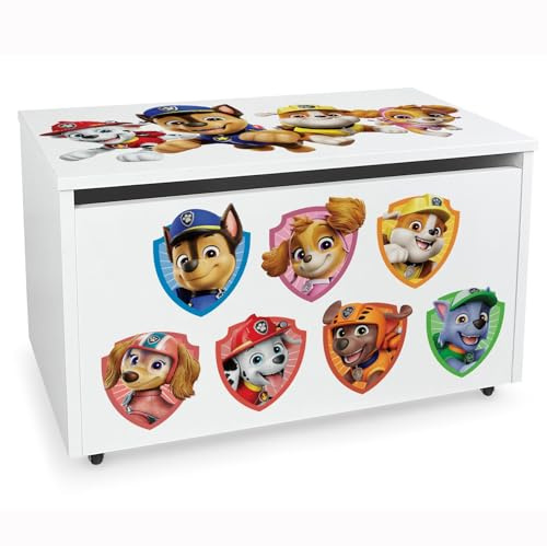 Leomark Holzspielzeugkiste auf Rädern, Sitzbank mit Stauraum, Spielzeugkiste mit Deckel, Kinderbank für Kinder, UV-Druck: Paw Patrol (02)